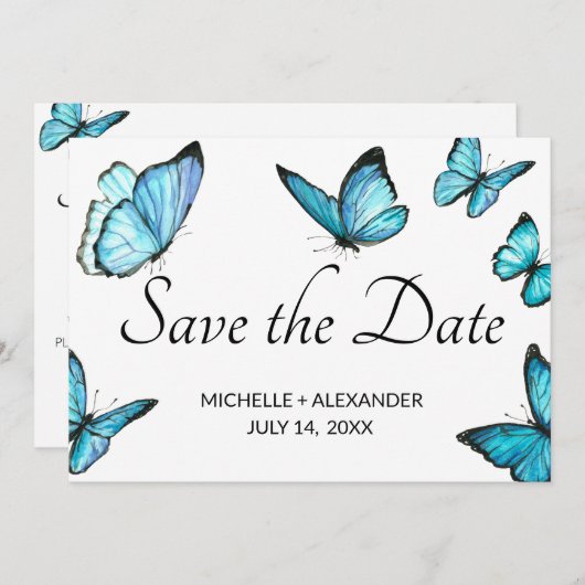 Blaue Schmetterlinge Save the Date Karte (Vorne/Hinten)