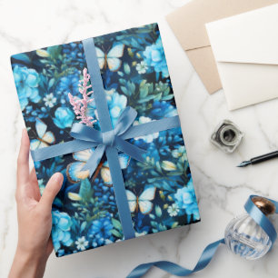 Blaue Schmetterlinge und blaue Flora Geschenkpapier