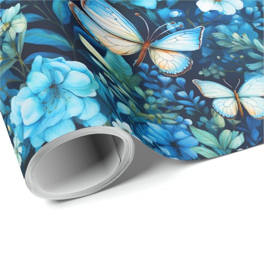 Blaue Schmetterlinge und blaue Flora Geschenkpapier (Rolleneckpunkt)