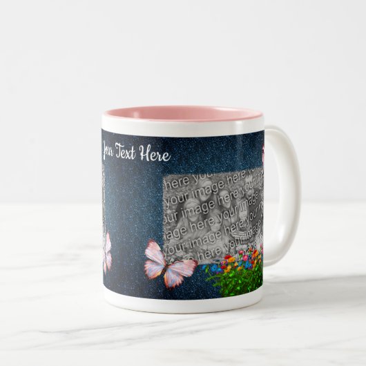 Blaue Schmetterlinge und Blume Personalisiertes Fo Zweifarbige Tasse (VorderseiteRechts)