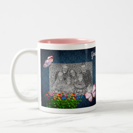 Blaue Schmetterlinge und Blume Personalisiertes Fo Zweifarbige Tasse (Links)