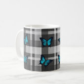 Blaue Schmetterlinge und graue Karierte Stoffe Kaffeetasse (Vorderseite Links)