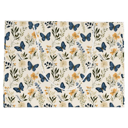 Blaue Schmetterlinge und Grünpflanzen Große Geschenktüte (Rückseite)