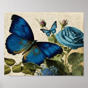 Blaue Schmetterlinge und Rosen im Vintage-Stil zum Poster