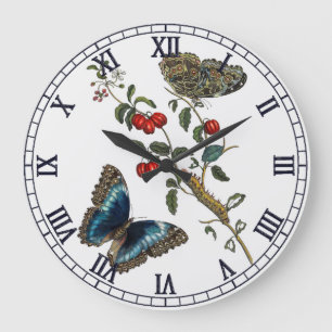 Blaue Schmetterlinge und rote Früchte Große Wanduhr