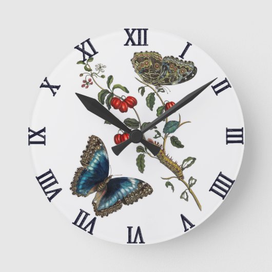 Blaue Schmetterlinge und rote Früchte Runde Wanduhr (Vorderseite)