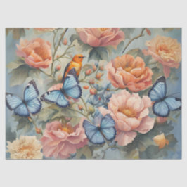 Blaue Schmetterlinge und Vögel im Blumengarten Seidenpapier