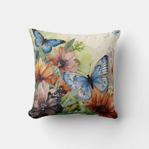 Blaue Schmetterlinge und Wildblumen Kissen