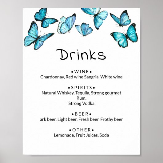 Blaue Schmetterlinge. Whimsical Wedding Drinks Men Poster (Vorne)