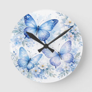 Blaue Schmetterlings-Blumenanordnung Runde Wanduhr