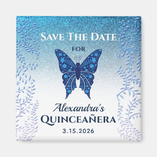 Blaue Schmetterlings-Quinceañera-Einladung zum Vor Magnet