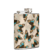 Blaue Schmetterlingsmuster auf weißem Boden Flachmann (Rechts)