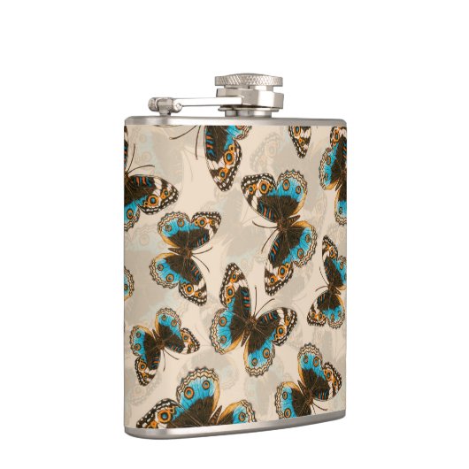 Blaue Schmetterlingsmuster auf weißem Boden Flachmann (Rechts)