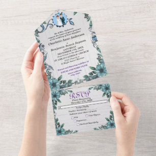 Blaue Schmuck Blumen Hochzeit Alles in einer Einla All In One Einladung