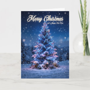 Blaue schneebedeckte Weihnachtsbaumkarte Karte