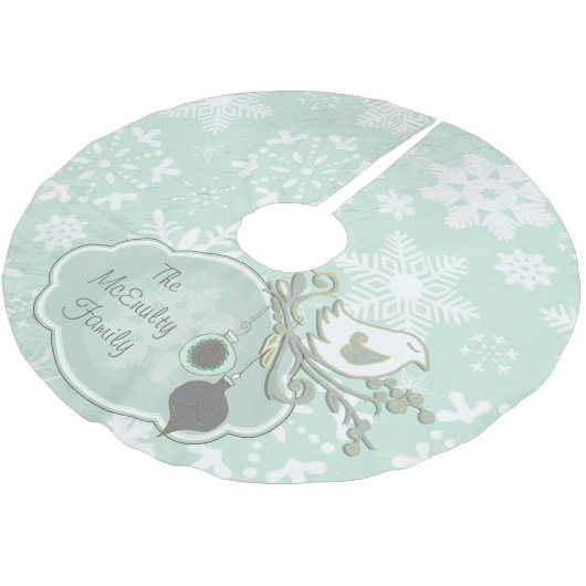 Blaue Schneeflocke und Vogelspieß Polyester Weihnachtsbaumdecke (Schrägansicht)