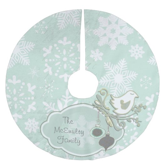 Blaue Schneeflocke und Vogelspieß Polyester Weihnachtsbaumdecke (Vorderseite)