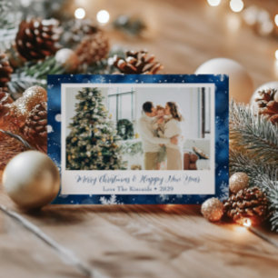 Blaue-Schneeflocke-Weihnachten-Familienfoto-Postka Feiertagspostkarte