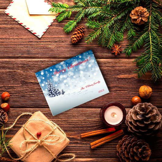 Blaue Schneeflocke wünscht minimalistisch roten Bu Postkarte