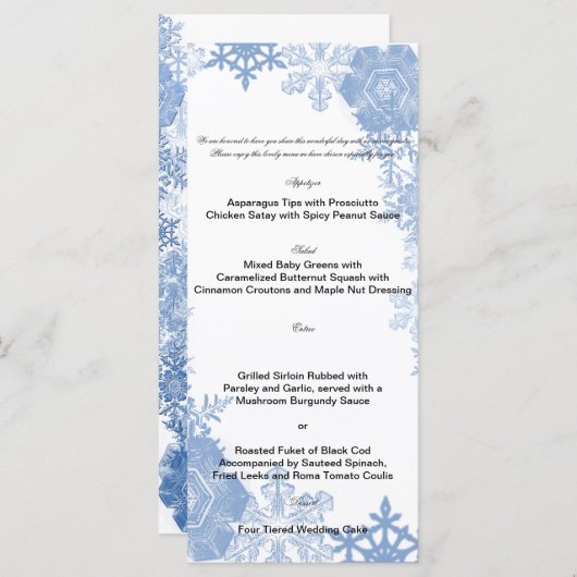 Blaue Schneeflocken auf der Speisekarte der weißen Menükarte (Vorne/Hinten)