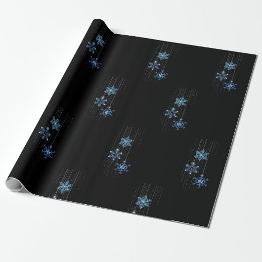 Blaue Schneeflocken auf schwarz Geschenkpapier (Ungerollt)