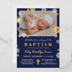 Blaue Schneeflocken Foto Wintertaufe Gold Folieneinladung