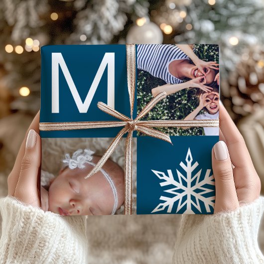 Blaue Schneeflocken Fotocollage Weihnachten Geschenkpapier