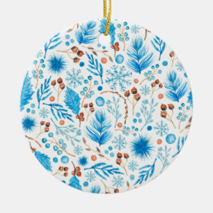 Blaue Schneeflocken, Kiefernnadeln und Kastanien Keramik Ornament