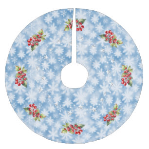 Blaue Schneeflocken mit roten Beeren und Sternen W Polyester Weihnachtsbaumdecke
