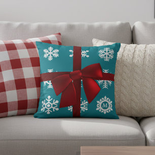 Blaue Schneeflocken Roter Schleife Weihnachts-Wurf Kissen