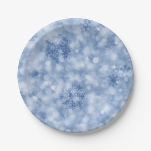 Blaue Schneeflocken und Glitzern Pappteller