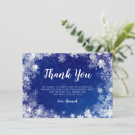 Blaue Schneeflocken Winterwonderland Süße 16 Dankeskarte (Stehend Vorderseite)
