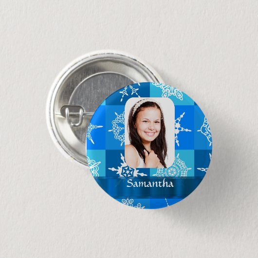 Blaue Schneeflockenmuster-Vorlage Button (Vorne & Hinten)