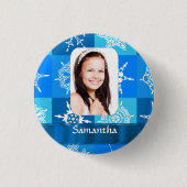Blaue Schneeflockenmuster-Vorlage Button (Vorderseite)
