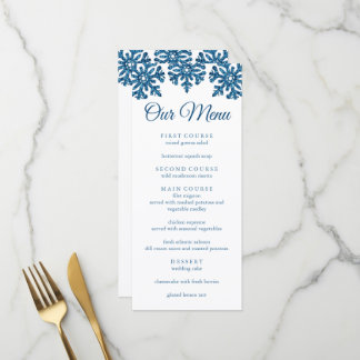 Blaue Schneeglöckchen Winterhochzeitsempfang Menükarte