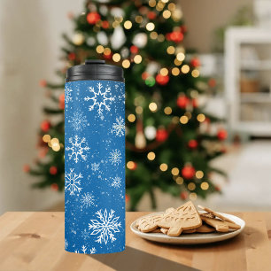 Blaue Schneekristalle Klassisches Winterweiß Thermosbecher