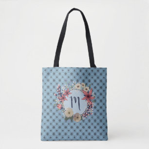 Blaue Schönheit Floral Monogramm Wreath Tasche