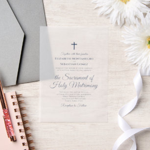 Blaue Schrift Elegant Moderne katholische Hochzeit Pergament Einladungen