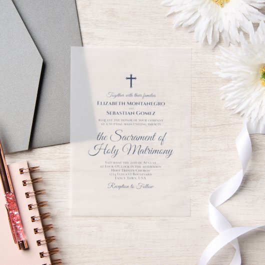 Blaue Schrift Elegant Moderne katholische Hochzeit Pergament Einladungen (Hochzeit)