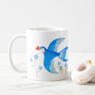 Blaue Schwalbe trägt roten Herz Vogel Volkskunst Kaffeetasse