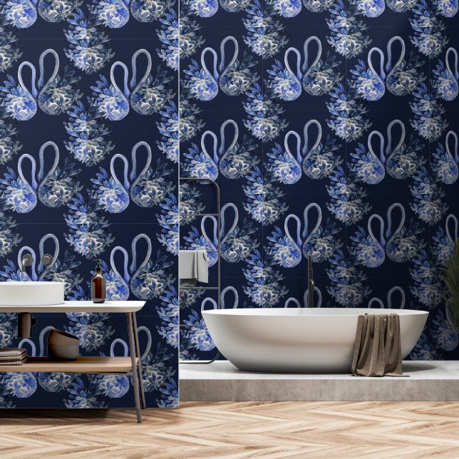 Blaue Schwäne Wasserfarben Handgemalt Tapete (Badezimmer)