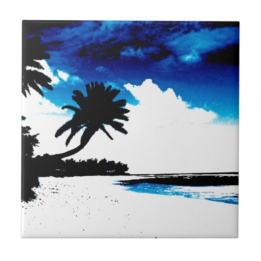 Blaue Schwarz-weiße Palme Silhouette Fliese (Vorderseite)