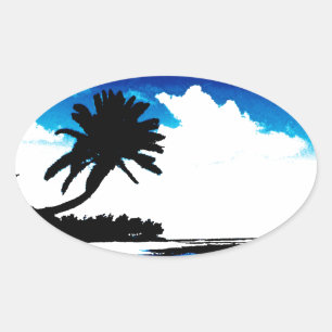 Blaue Schwarz-weiße Palme Silhouette Ovaler Aufkleber