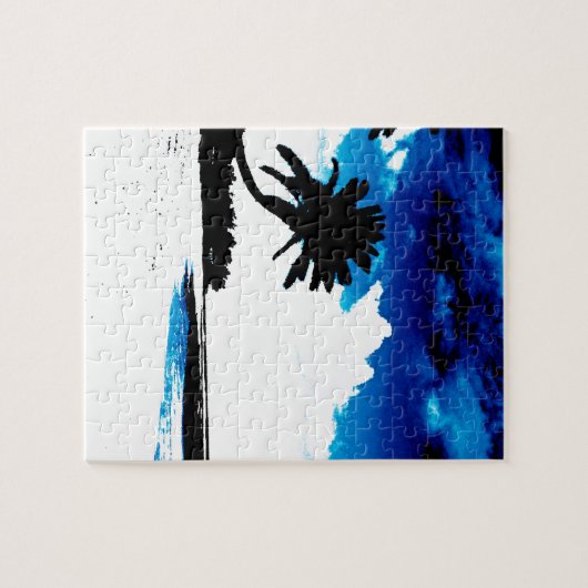 Blaue Schwarz-weiße Palme Silhouette Puzzle (Horizontal)