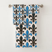 Blaue schwarze barocke Fleur-de-lis-Musterdesign Badhandtuch Set (Insitu)