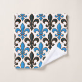 Blaue schwarze barocke Fleur-de-lis-Musterdesign Badhandtuch Set (Waschlappen)