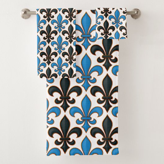 Blaue schwarze barocke Fleur-de-lis-Musterdesign Badhandtuch Set