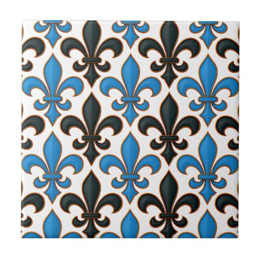 Blaue schwarze barocke Fleur-de-lis-Musterdesign Fliese (Vorderseite)