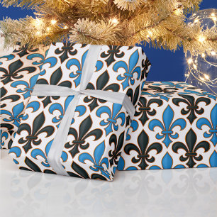 Blaue schwarze barocke Fleur-de-lis-Musterdesign Geschenkpapier
