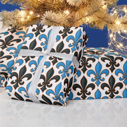 Blaue schwarze barocke Fleur-de-lis-Musterdesign Geschenkpapier